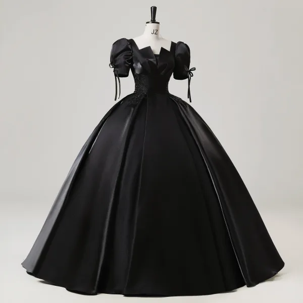 Vintage / Retro Black Beading Lace Flower Satin Prom Dresses 2025 Ball Gown Square Neckline Puffy Short Sleeve Backless Floor-Length / Long Prom Formal Dresses