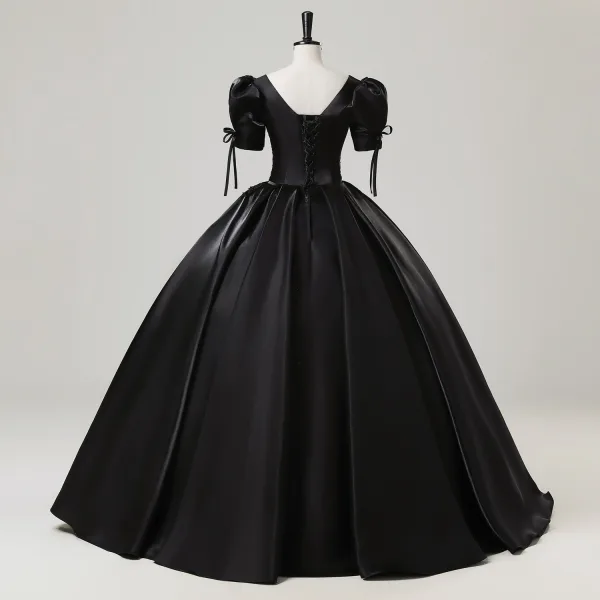 Vintage / Retro Black Beading Lace Flower Satin Prom Dresses 2025 Ball Gown Square Neckline Puffy Short Sleeve Backless Floor-Length / Long Prom Formal Dresses