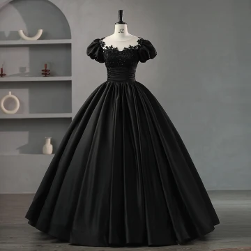 Élégant Noire Perlage Fleur Satin Robe De Bal 2023 Robe Boule Encolure Dégagée Gonflée Manches Courtes Dos Nu Longue Promo Robe De Ceremonie