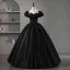 Elegant Black Beading Flower Satin Prom Dresses 2023 Ball Gown Scoop Neck Puffy Short Sleeve Backless Floor-Length / Long Prom Formal Dresses