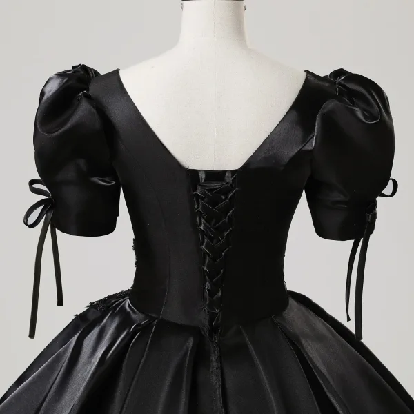 Vintage / Retro Black Beading Lace Flower Satin Prom Dresses 2025 Ball Gown Square Neckline Puffy Short Sleeve Backless Floor-Length / Long Prom Formal Dresses