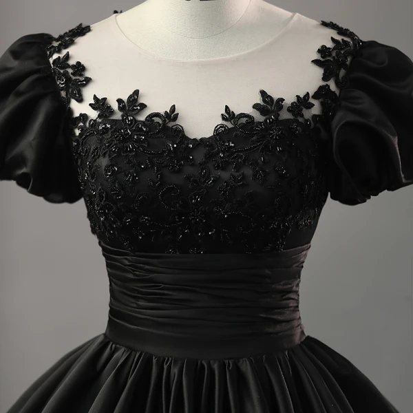 Elegant Black Beading Flower Satin Prom Dresses 2023 Ball Gown Scoop Neck Puffy Short Sleeve Backless Floor-Length / Long Prom Formal Dresses