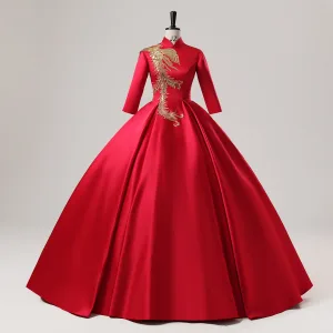 Vintage Retro Chinese Style Red Phoenix Embroidered Sequins Satin Prom Dresses 2025 Ball Gown High Neck Long Sleeve Backless Floor Length Long Prom Formal Dresses