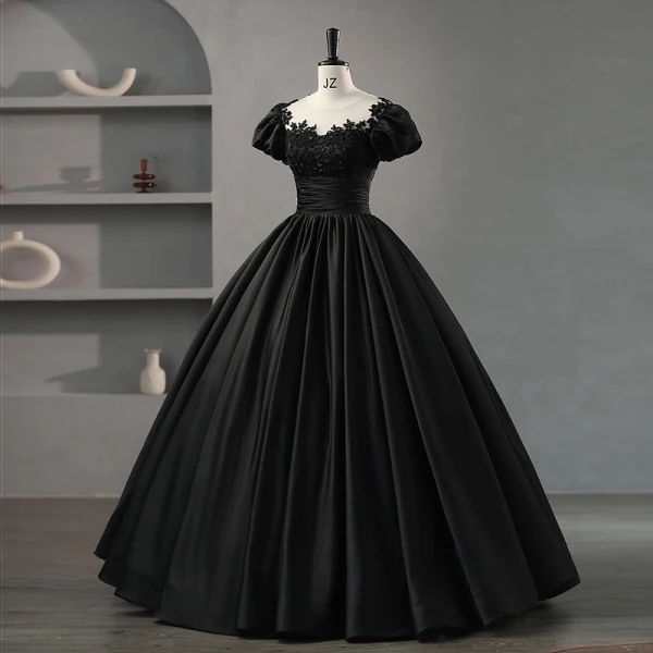 Elegant Black Beading Flower Satin Prom Dresses 2023 Ball Gown Scoop Neck Puffy Short Sleeve Backless Floor-Length / Long Prom Formal Dresses
