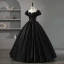 Elegant Black Beading Flower Satin Prom Dresses 2023 Ball Gown Scoop Neck Puffy Short Sleeve Backless Floor-Length / Long Prom Formal Dresses