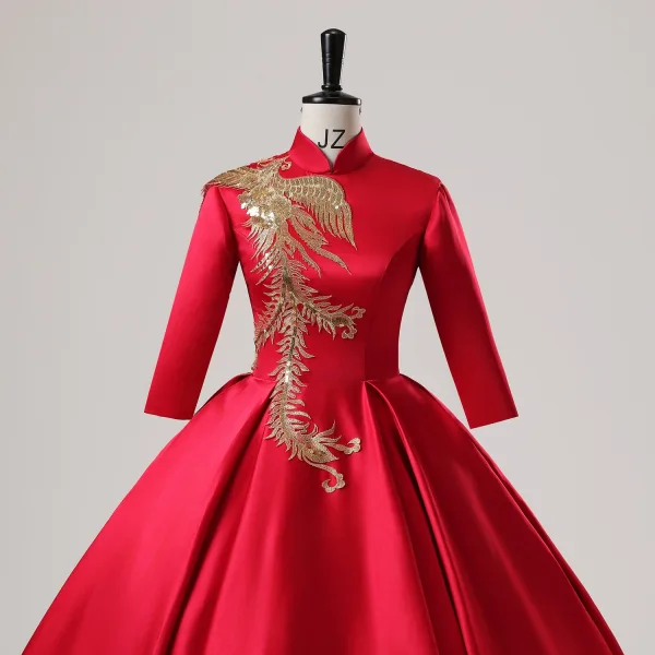 Vintage / Retro Chinese style Red Phoenix Embroidered Sequins Satin Prom Dresses 2025 Ball Gown High Neck Long Sleeve Backless Floor-Length / Long Prom Formal Dresses