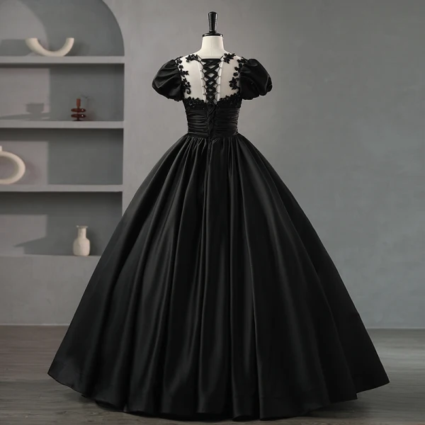 Elegant Black Beading Flower Satin Prom Dresses 2023 Ball Gown Scoop Neck Puffy Short Sleeve Backless Floor-Length / Long Prom Formal Dresses