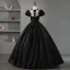 Elegant Black Beading Flower Satin Prom Dresses 2023 Ball Gown Scoop Neck Puffy Short Sleeve Backless Floor-Length / Long Prom Formal Dresses