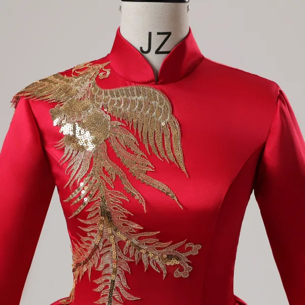 Vintage / Retro Chinese style Red Phoenix Embroidered Sequins Satin Prom Dresses 2025 Ball Gown High Neck Long Sleeve Backless Floor-Length / Long Prom Formal Dresses