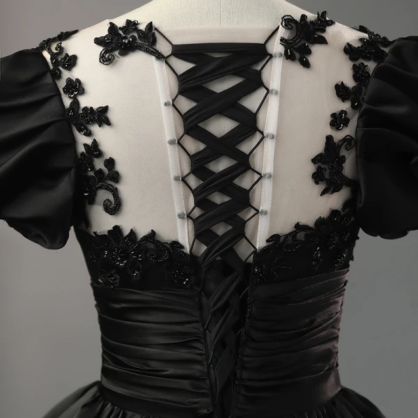 Elegant Black Beading Flower Satin Prom Dresses 2023 Ball Gown Scoop Neck Puffy Short Sleeve Backless Floor-Length / Long Prom Formal Dresses