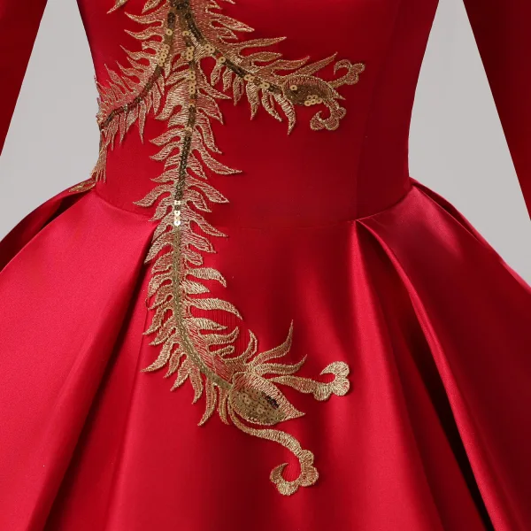 Vintage / Retro Chinese style Red Phoenix Embroidered Sequins Satin Prom Dresses 2025 Ball Gown High Neck Long Sleeve Backless Floor-Length / Long Prom Formal Dresses