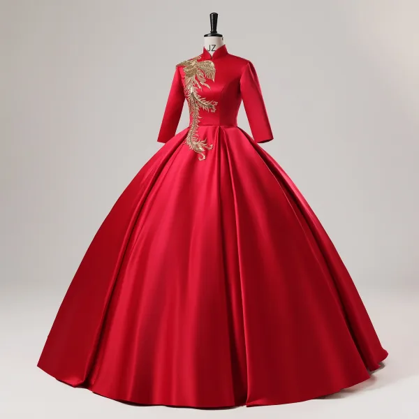Vintage / Retro Chinese style Red Phoenix Embroidered Sequins Satin Prom Dresses 2025 Ball Gown High Neck Long Sleeve Backless Floor-Length / Long Prom Formal Dresses