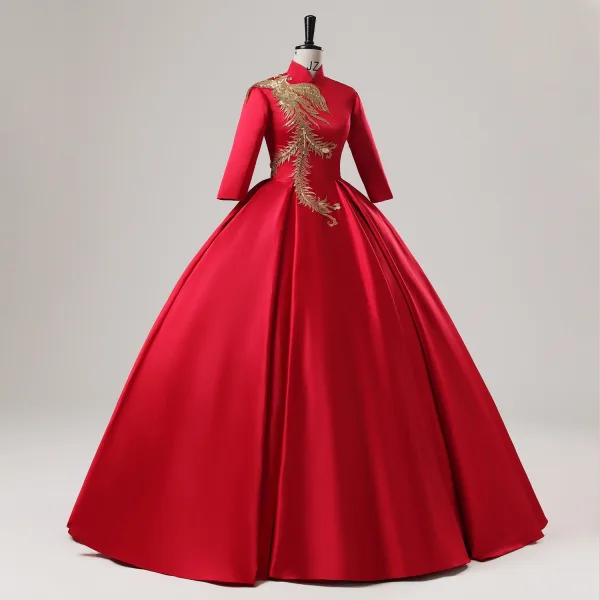 Vintage / Retro Chinese style Red Phoenix Embroidered Sequins Satin Prom Dresses 2025 Ball Gown High Neck Long Sleeve Backless Floor-Length / Long Prom Formal Dresses