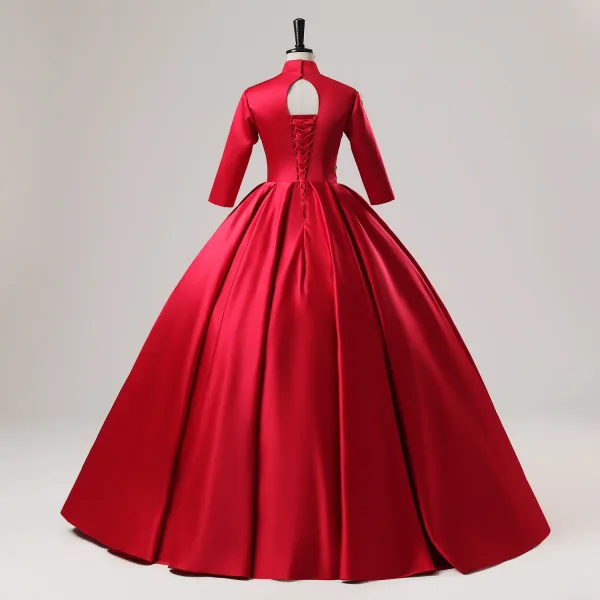 Vintage / Retro Chinese style Red Phoenix Embroidered Sequins Satin Prom Dresses 2025 Ball Gown High Neck Long Sleeve Backless Floor-Length / Long Prom Formal Dresses