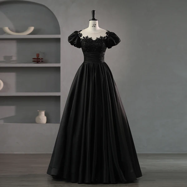Elegant Black Beading Flower Satin Prom Dresses 2023 Ball Gown Scoop Neck Puffy Short Sleeve Backless Floor-Length / Long Prom Formal Dresses