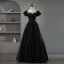 Elegant Black Beading Flower Satin Prom Dresses 2023 Ball Gown Scoop Neck Puffy Short Sleeve Backless Floor-Length / Long Prom Formal Dresses