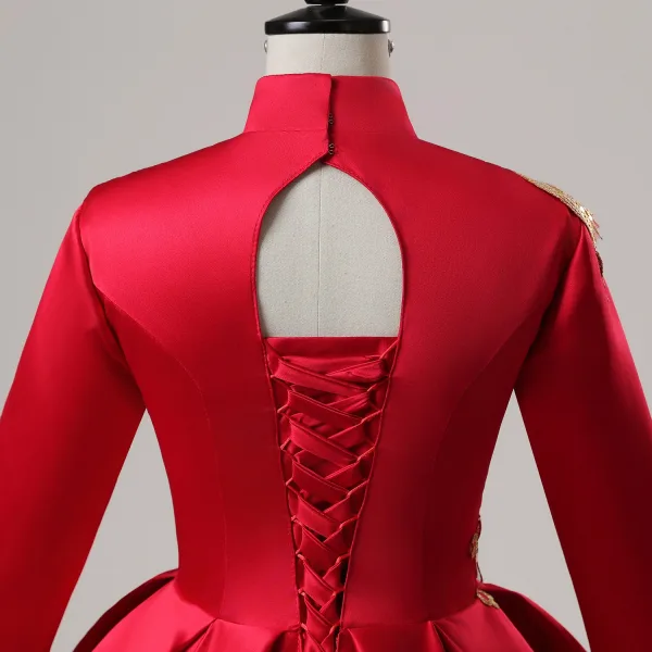 Vintage / Retro Chinese style Red Phoenix Embroidered Sequins Satin Prom Dresses 2025 Ball Gown High Neck Long Sleeve Backless Floor-Length / Long Prom Formal Dresses