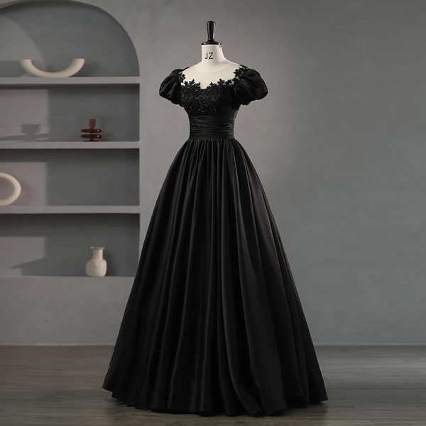 Elegant Black Beading Flower Satin Prom Dresses 2023 Ball Gown Scoop Neck Puffy Short Sleeve Backless Floor-Length / Long Prom Formal Dresses