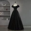 Elegant Black Beading Flower Satin Prom Dresses 2023 Ball Gown Scoop Neck Puffy Short Sleeve Backless Floor-Length / Long Prom Formal Dresses