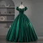 Elegant Dark Green Satin Beading Lace Flower Prom Dresses 2023 Ball Gown Scoop Neck Puffy Short Sleeve Floor-Length / Long Prom Formal Dresses