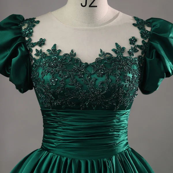 Elegant Dark Green Satin Beading Lace Flower Prom Dresses 2023 Ball Gown Scoop Neck Puffy Short Sleeve Floor-Length / Long Prom Formal Dresses