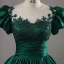 Elegant Dark Green Satin Beading Lace Flower Prom Dresses 2023 Ball Gown Scoop Neck Puffy Short Sleeve Floor-Length / Long Prom Formal Dresses