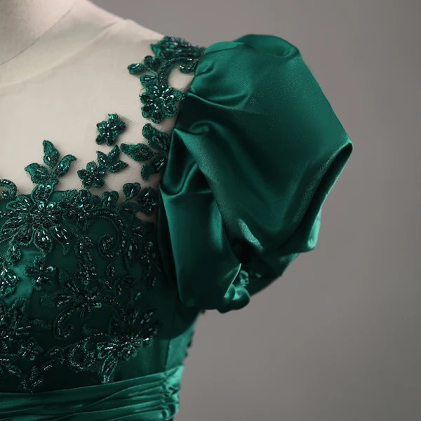 Elegant Dark Green Satin Beading Lace Flower Prom Dresses 2023 Ball Gown Scoop Neck Puffy Short Sleeve Floor-Length / Long Prom Formal Dresses