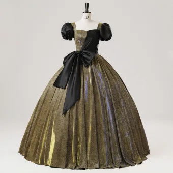 Vintage Originale Vert Trèfle Paillettes Noeud Robe De Bal 2025 Robe Boule Encolure Carrée Gonflée Manches Courtes Dos Nu Longue Promo Robe De Ceremonie