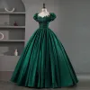 Elegant Dark Green Satin Beading Lace Flower Prom Dresses 2023 Ball Gown Scoop Neck Puffy Short Sleeve Floor-Length / Long Prom Formal Dresses