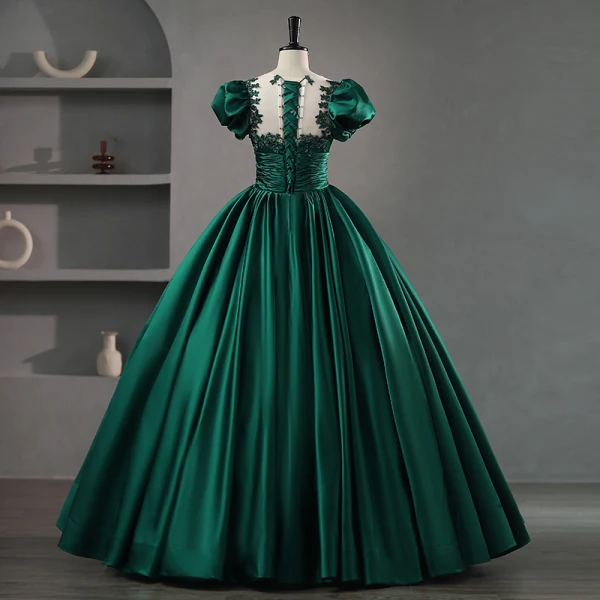Elegant Dark Green Satin Beading Lace Flower Prom Dresses 2023 Ball Gown Scoop Neck Puffy Short Sleeve Floor-Length / Long Prom Formal Dresses