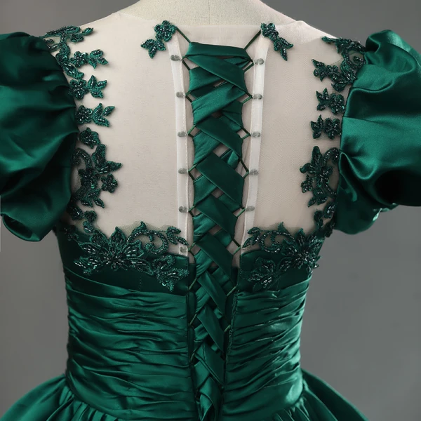 Elegant Dark Green Satin Beading Lace Flower Prom Dresses 2023 Ball Gown Scoop Neck Puffy Short Sleeve Floor-Length / Long Prom Formal Dresses