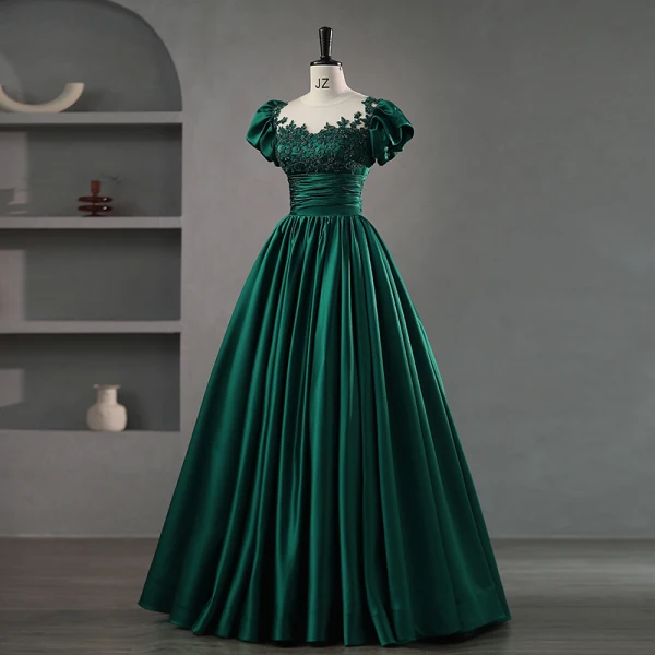 Elegant Dark Green Satin Beading Lace Flower Prom Dresses 2023 Ball Gown Scoop Neck Puffy Short Sleeve Floor-Length / Long Prom Formal Dresses