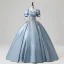 Elegant Sky Blue Embroidered Satin Prom Dresses 2025 Ball Gown Square Neckline Puffy Short Sleeve Backless Floor-Length / Long Prom Formal Dresses