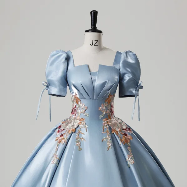 Elegant Sky Blue Embroidered Satin Prom Dresses 2025 Ball Gown Square Neckline Puffy Short Sleeve Backless Floor-Length / Long Prom Formal Dresses