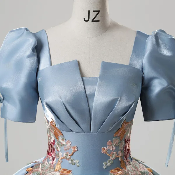 Elegant Sky Blue Embroidered Satin Prom Dresses 2025 Ball Gown Square Neckline Puffy Short Sleeve Backless Floor-Length / Long Prom Formal Dresses