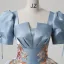 Elegant Sky Blue Embroidered Satin Prom Dresses 2025 Ball Gown Square Neckline Puffy Short Sleeve Backless Floor-Length / Long Prom Formal Dresses