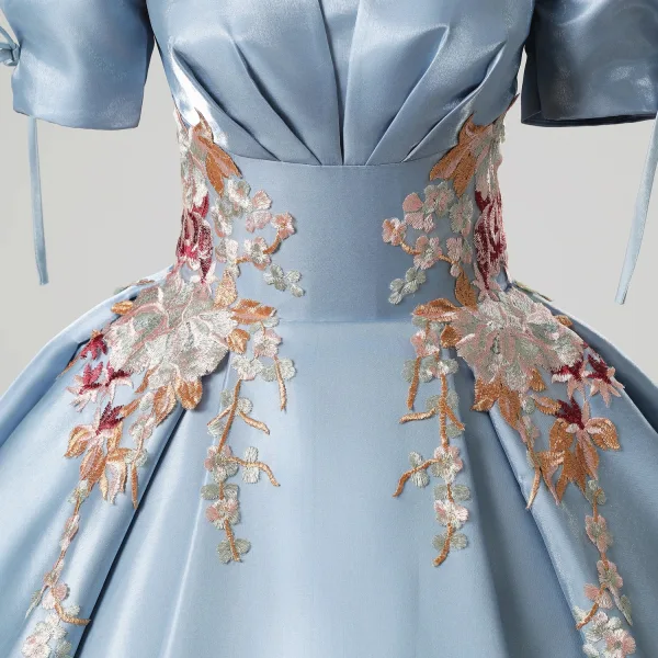 Elegant Sky Blue Embroidered Satin Prom Dresses 2025 Ball Gown Square Neckline Puffy Short Sleeve Backless Floor-Length / Long Prom Formal Dresses