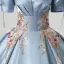 Elegant Sky Blue Embroidered Satin Prom Dresses 2025 Ball Gown Square Neckline Puffy Short Sleeve Backless Floor-Length / Long Prom Formal Dresses