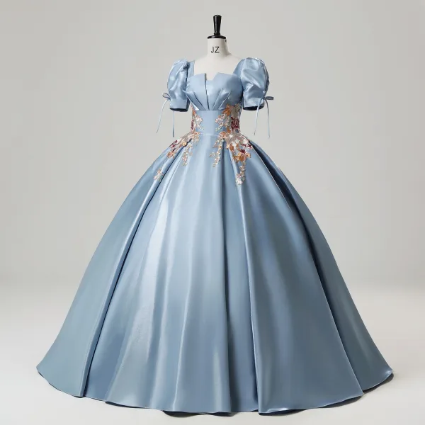 Elegant Sky Blue Embroidered Satin Prom Dresses 2025 Ball Gown Square Neckline Puffy Short Sleeve Backless Floor-Length / Long Prom Formal Dresses