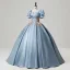 Elegant Sky Blue Embroidered Satin Prom Dresses 2025 Ball Gown Square Neckline Puffy Short Sleeve Backless Floor-Length / Long Prom Formal Dresses