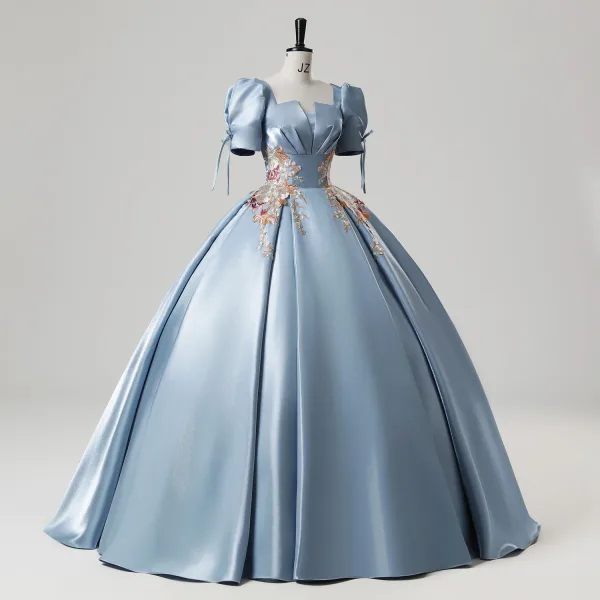 Elegant Sky Blue Embroidered Satin Prom Dresses 2025 Ball Gown Square Neckline Puffy Short Sleeve Backless Floor-Length / Long Prom Formal Dresses
