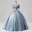 Elegant Sky Blue Embroidered Satin Prom Dresses 2025 Ball Gown Square Neckline Puffy Short Sleeve Backless Floor-Length / Long Prom Formal Dresses