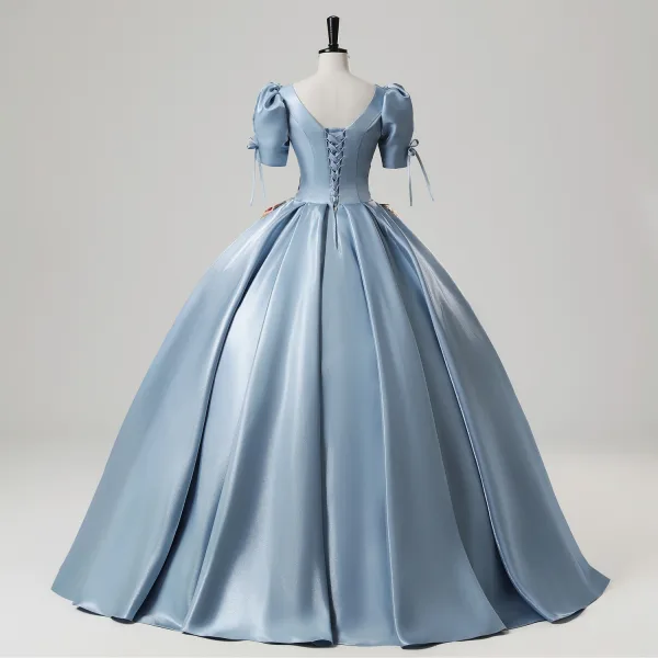 Elegant Sky Blue Embroidered Satin Prom Dresses 2025 Ball Gown Square Neckline Puffy Short Sleeve Backless Floor-Length / Long Prom Formal Dresses