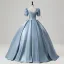 Elegant Sky Blue Embroidered Satin Prom Dresses 2025 Ball Gown Square Neckline Puffy Short Sleeve Backless Floor-Length / Long Prom Formal Dresses