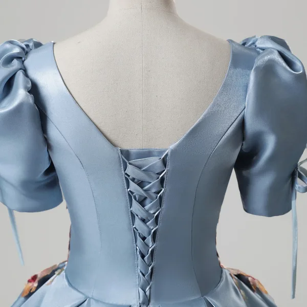 Elegant Sky Blue Embroidered Satin Prom Dresses 2025 Ball Gown Square Neckline Puffy Short Sleeve Backless Floor-Length / Long Prom Formal Dresses