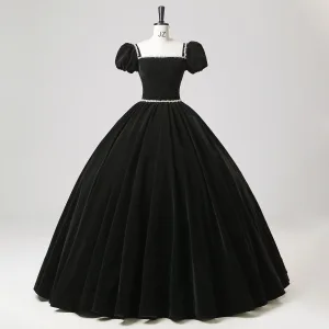 Réservé Noire Faux Diamant Velours Robe De Bal 2025 Robe Boule Encolure Carrée Gonflée Manches Courtes Dos Nu Longue Promo Robe De Ceremonie