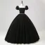 Demure Black Rhinestone Velvet Prom Dresses 2025 Ball Gown Square Neckline Puffy Short Sleeve Backless Floor-Length / Long Prom Formal Dresses