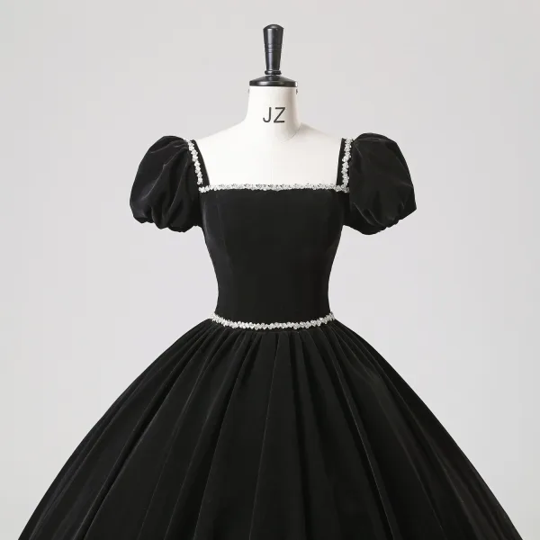 Demure Black Rhinestone Velvet Prom Dresses 2025 Ball Gown Square Neckline Puffy Short Sleeve Backless Floor-Length / Long Prom Formal Dresses