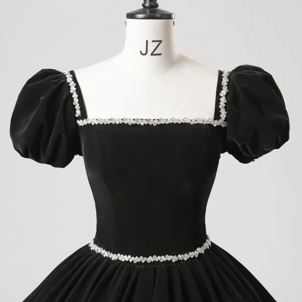 Demure Black Rhinestone Velvet Prom Dresses 2025 Ball Gown Square Neckline Puffy Short Sleeve Backless Floor-Length / Long Prom Formal Dresses