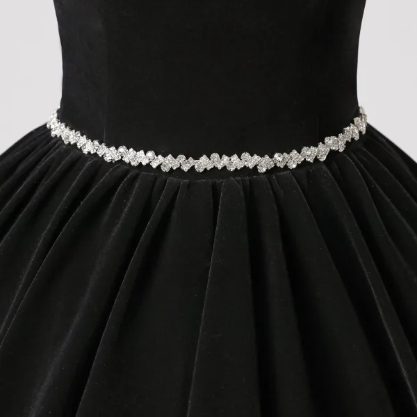 Demure Black Rhinestone Velvet Prom Dresses 2025 Ball Gown Square Neckline Puffy Short Sleeve Backless Floor-Length / Long Prom Formal Dresses